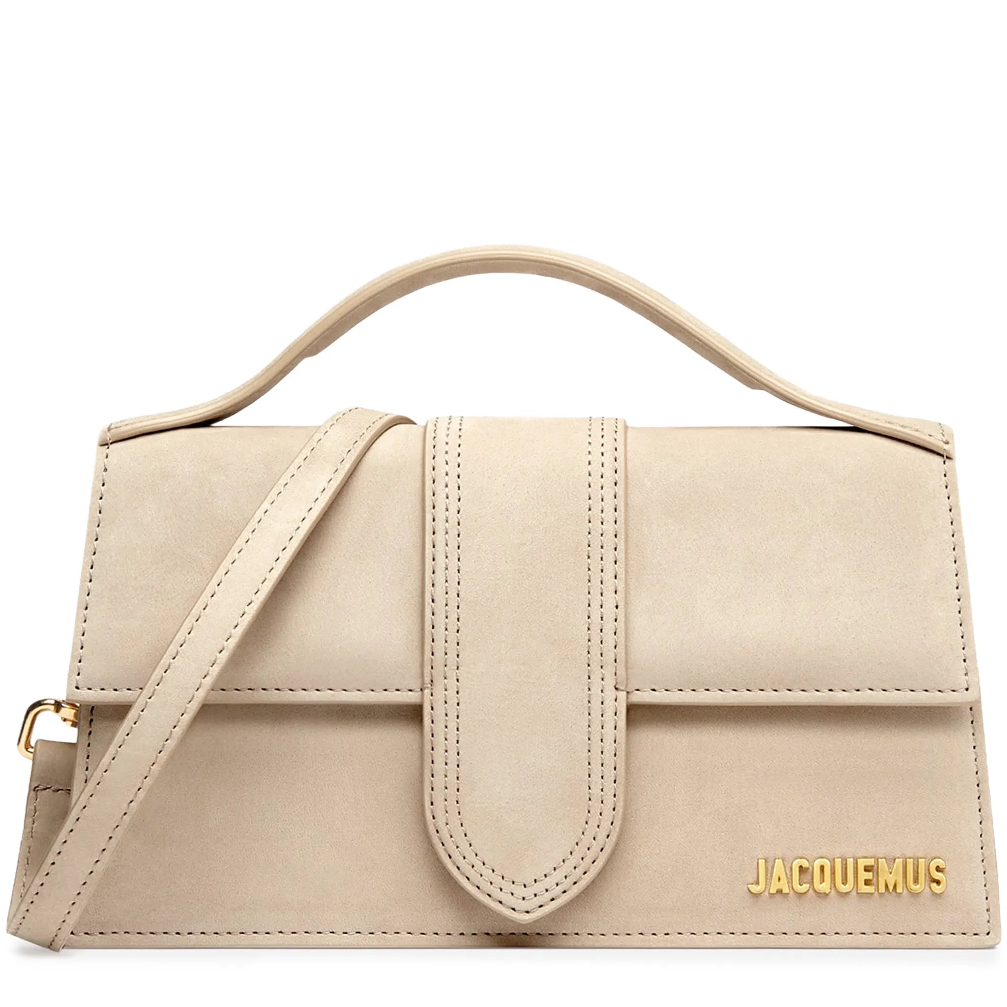 Front View of Jacquemus Large Bambino Dark Beige Suede Crossbody Bag BAW00007AC08C01180